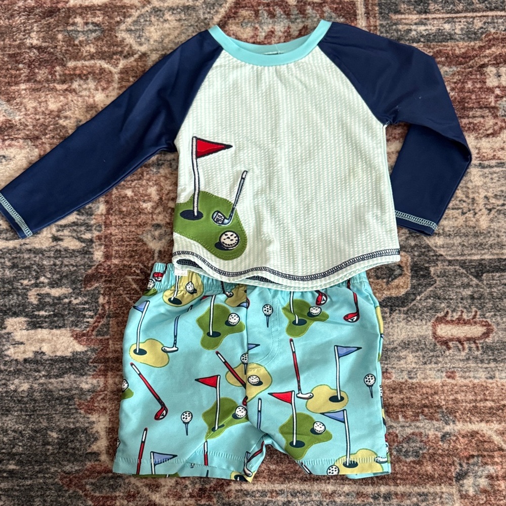Mud Pie Kids Two-Piece Golf Rashguard Set - Navy and Aqua